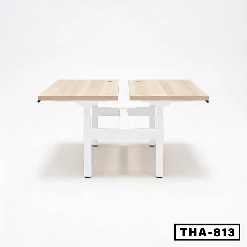 Height adjustable workstation desk with dual light wood tabletops and white frame, model THA-813