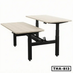 Height adjustable workstation desk with dual wood surfaces and black metal frame