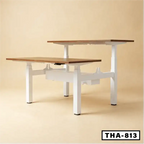 Height adjustable workstation desk with dual wooden tops and white frame, THA-813.