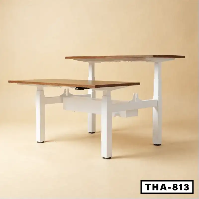 Height adjustable workstation desk with dual wooden tops and white frame, THA-813.