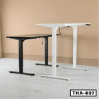 Adjustable electric standing desks in black and white with dual motors, model THA-807.