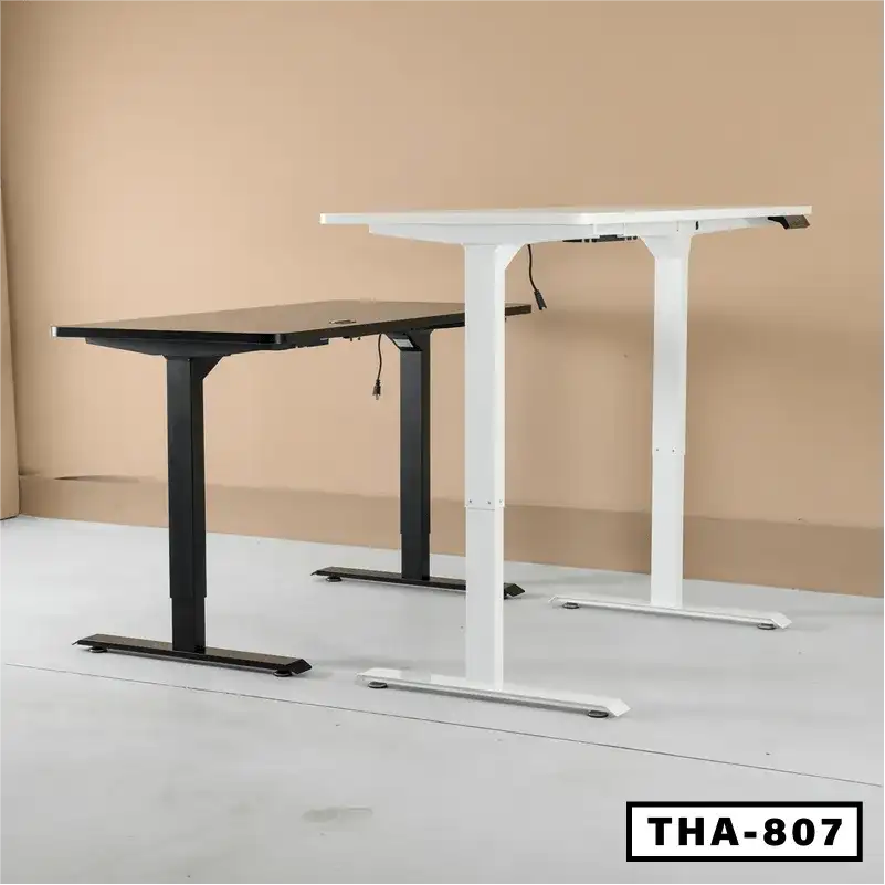 Adjustable electric standing desks in black and white with dual motors, model THA-807.