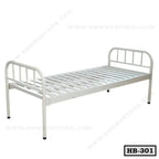 Single metal hospital bed frame with headboard and footboard, model HB-301, white finish.