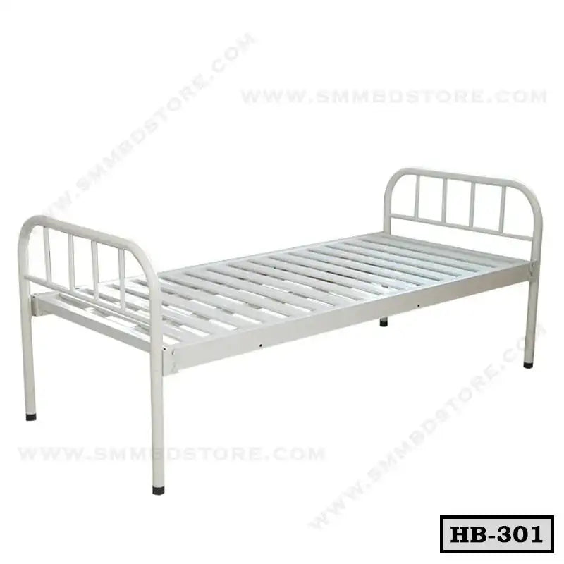 Single metal hospital bed frame with headboard and footboard, model HB-301, white finish.
