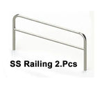 Stainless steel hospital bed side railing, two pieces, isolated on white background.