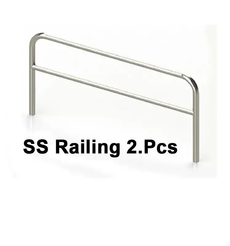 Stainless steel hospital bed side rail set, two pieces, isolated on white background.