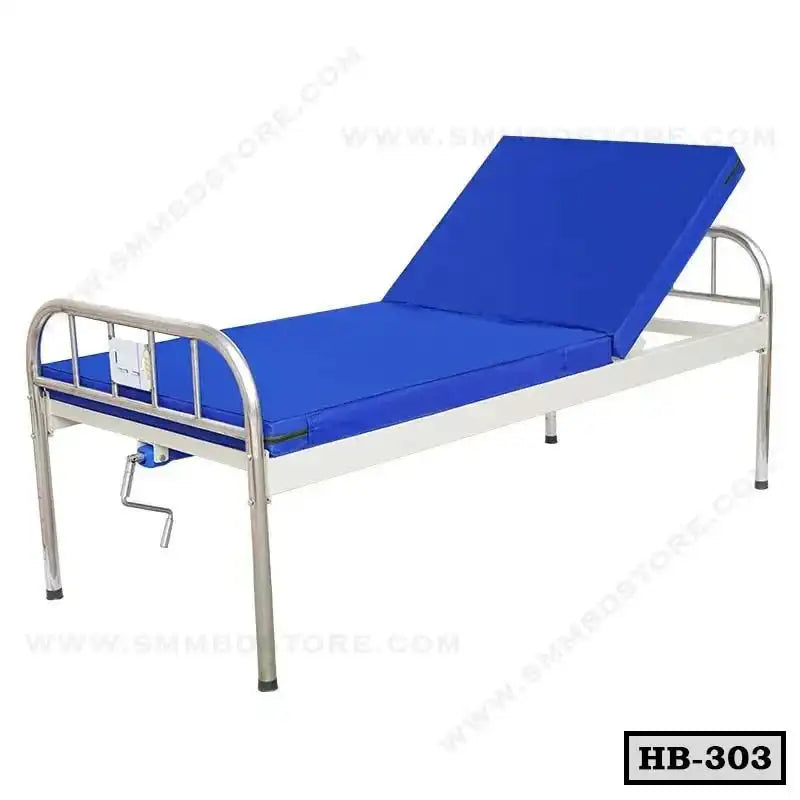 Adjustable hospital bed with blue mattress and metal frame, manual backrest, model HB-303