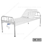 Adjustable manual hospital bed with metal frame and crank, model HB-303, on white background.