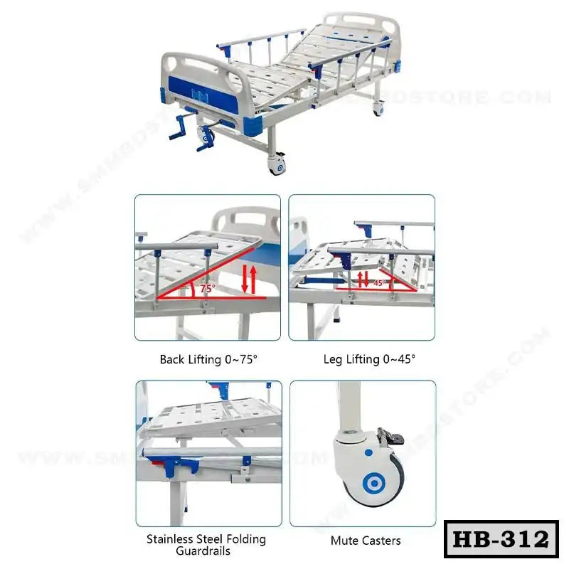 Adjustable hospital bed with back and leg lifting, folding guardrails, and mute casters