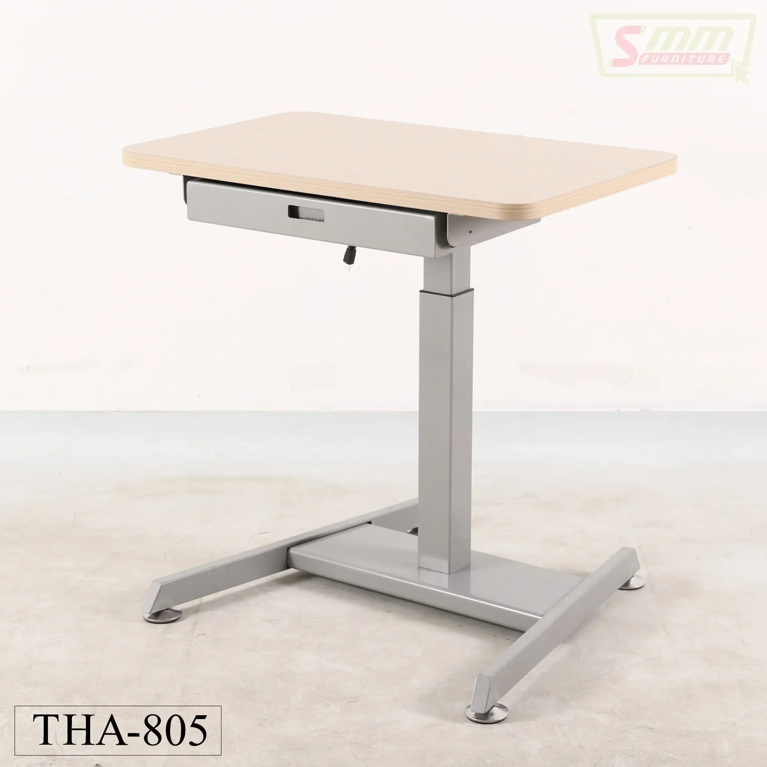 Adjustable height desk with light wood tabletop and metal base, single drawer, model THA-805