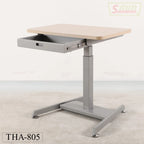 Adjustable metal and wood hospital overbed table with open drawer, THA-805