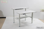 White adjustable height office desk with dual work surfaces, model THA-813, in studio setting