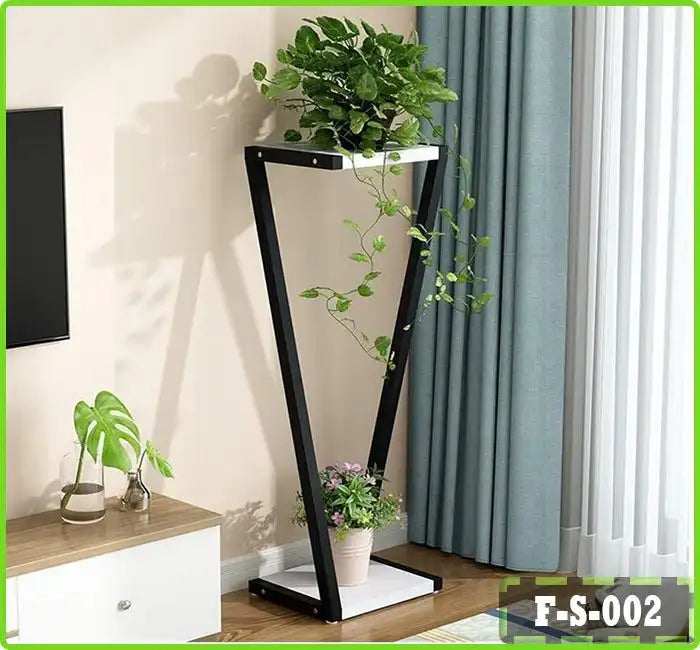 Modern indoor plant stand with two shelves and potted plants in a living room corner