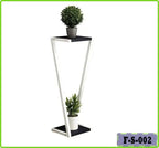 Modern indoor plant pot stand with two potted plants on black and white geometric shelves