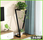 Modern indoor plant pot stand with wooden shelves and black metal frame in a living room