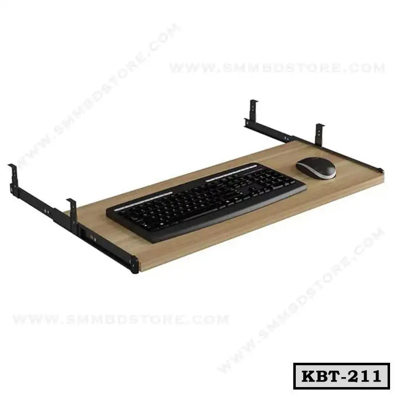 Wooden under desk keyboard tray with metal brackets, keyboard and mouse, model KBT-211. Main image