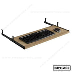 Wooden under desk keyboard tray with metal brackets, keyboard and mouse, model KBT-211.