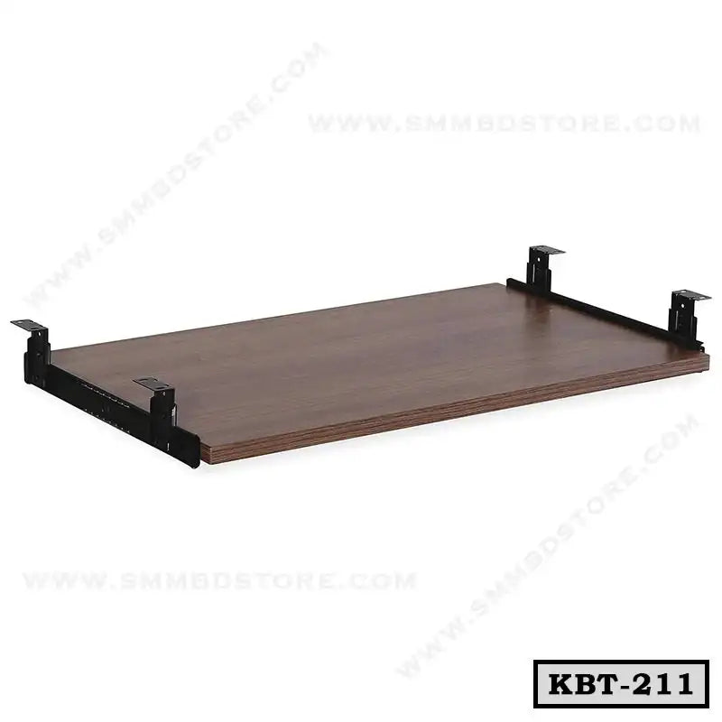 Wooden under-desk keyboard tray with black metal brackets for office furniture.
