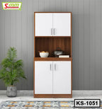 Modern wooden kitchen shelf cabinet with white doors, plant, and cookware, model KS-1051