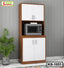 Wooden kitchen shelf with white cabinet doors, microwave shelf, and potted plant by wall