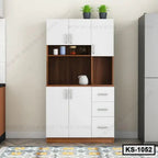 Modern kitchen shelf with white cabinets, open wooden shelves, and potted plants on top