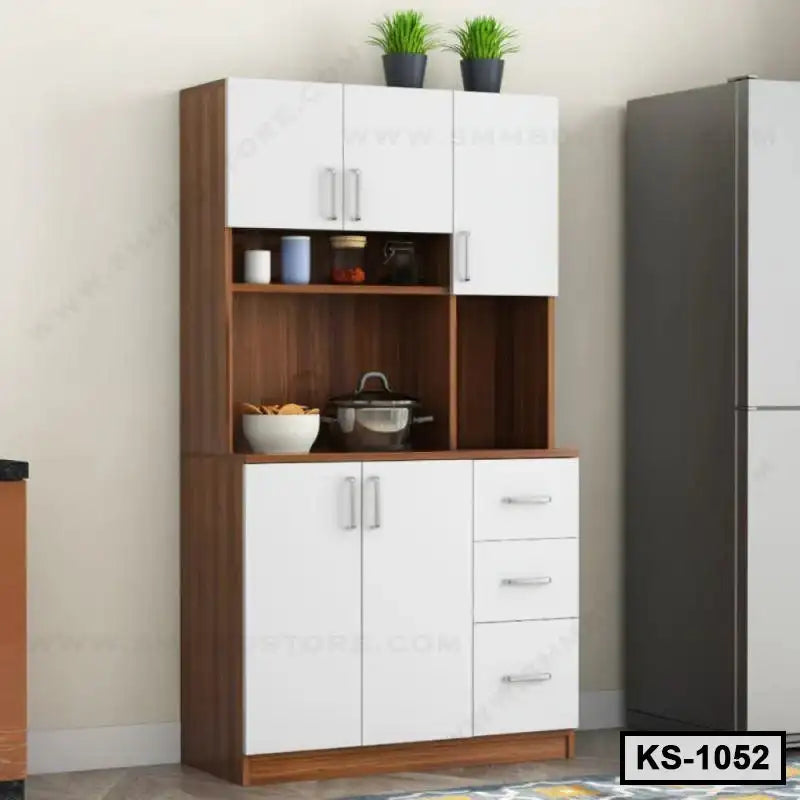 Modern kitchen shelf with white cabinets, drawers, plants, and cooking utensils, model KS-1052 Main image
