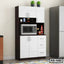 Modern kitchen shelf with white cabinets, microwave, potted plants, and storage drawers