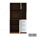 Wooden kitchen shelf cabinet with multiple open shelves, white doors, and drawers