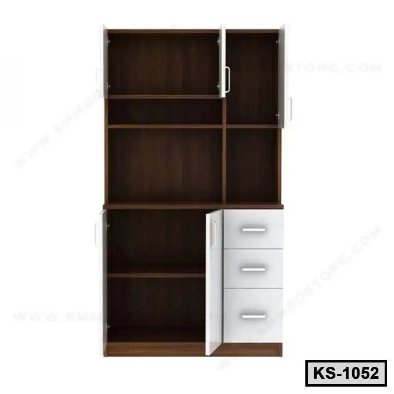 Wooden kitchen shelf cabinet with multiple open shelves, white doors, and drawers