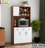 Wooden kitchen shelf with white cabinets, microwave, storage jars, and potted plant