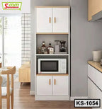 Modern white kitchen shelf with cabinets, microwave, coffee maker and jars, against a gray wall