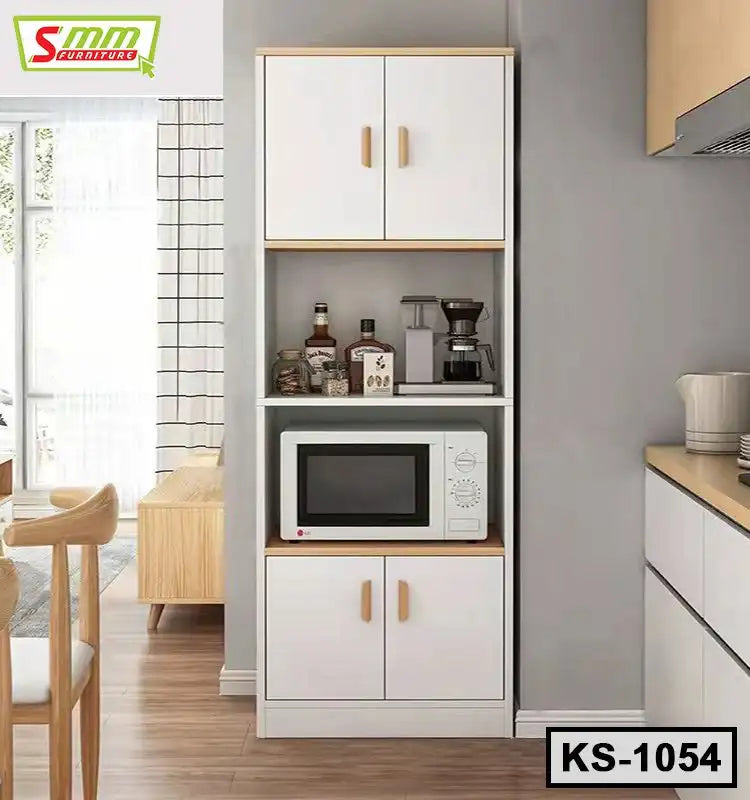 Modern white kitchen shelf with cabinets, microwave, coffee maker and jars, against a gray wall