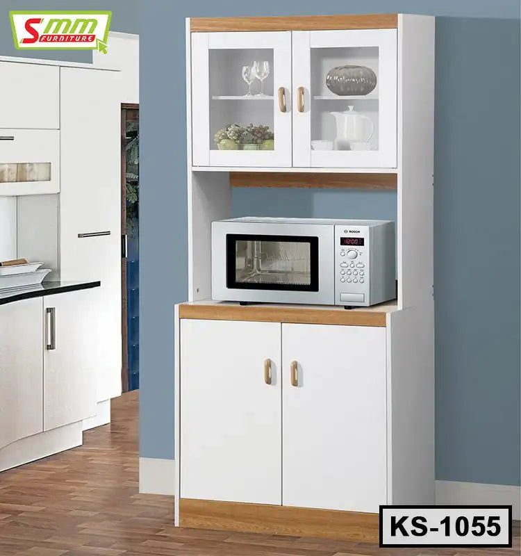 White kitchen shelf cabinet with glass doors, microwave space, and wood accents Main image