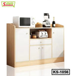 Modern wooden kitchen shelf with white cabinets, microwave, toaster, blender, and storage space
