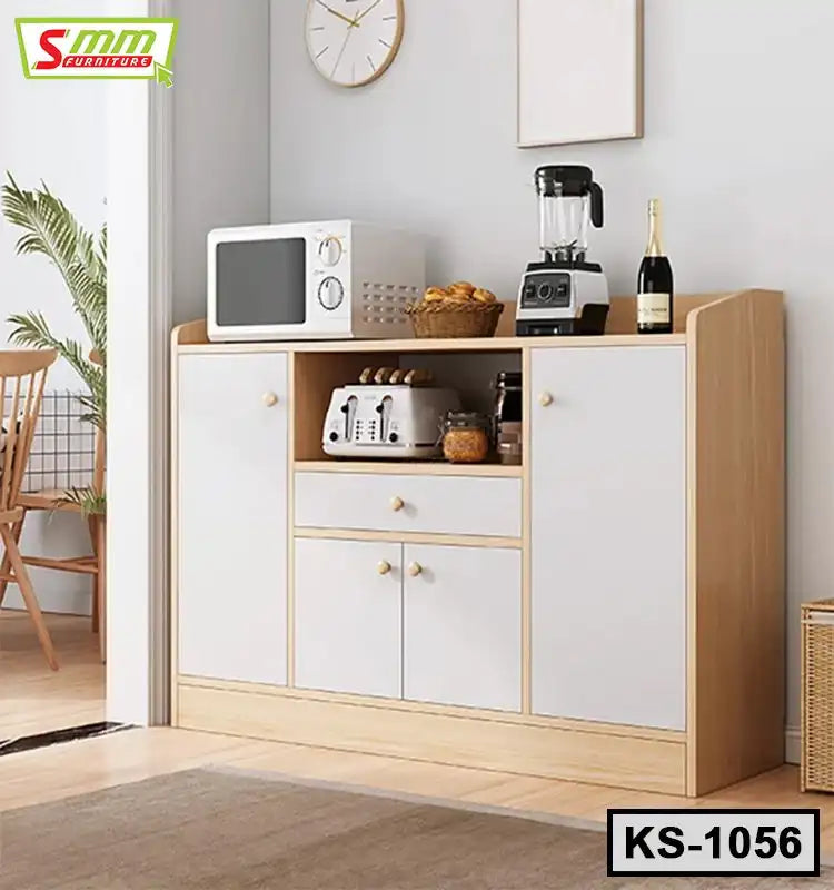 Modern kitchen shelf with microwave, toaster, blender, and storage cabinets Main image