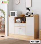 Modern kitchen shelf with microwave, toaster, blender, and storage cabinets