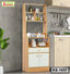 Modern wooden kitchen shelf with storage, appliances, and tableware against gray wall