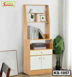 Wooden kitchen shelf KS-1057 with open shelves, books, decor, and white cabinet doors