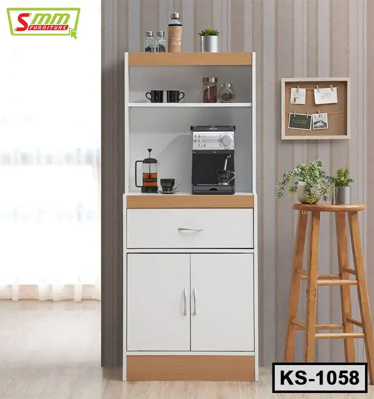 Modern kitchen shelf with coffee maker, cups, jars, and plants against striped wall Main image