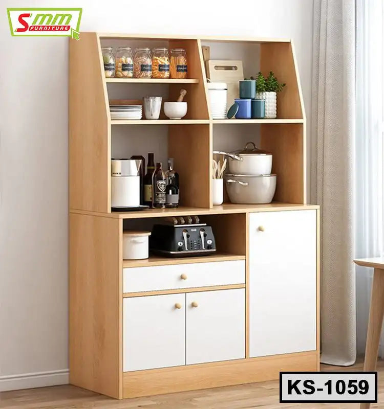 Modern wooden kitchen shelf with white cabinets, jars, appliances, and cookware displayed.