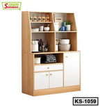 Modern wooden kitchen shelf with storage cabinets, open shelving, and white doors, model KS-1059.