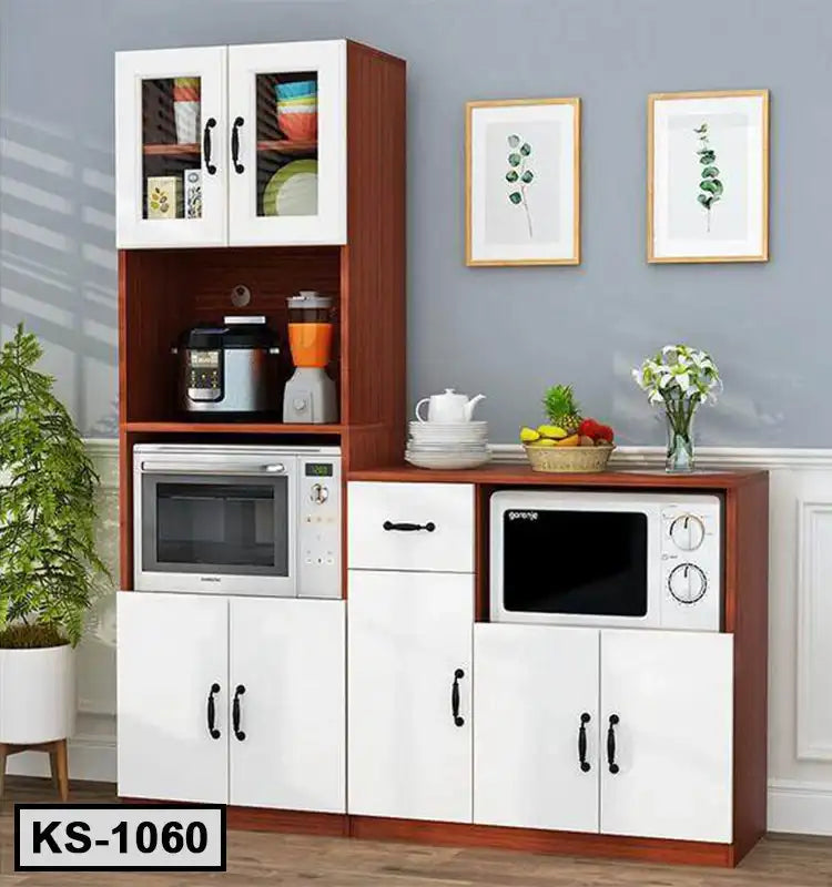 Modern kitchen cabinet with white doors, wood frame, microwave, and kitchenware on shelves Main image