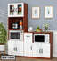 Modern kitchen cabinet with white doors, wood frame, microwave, and kitchenware on shelves