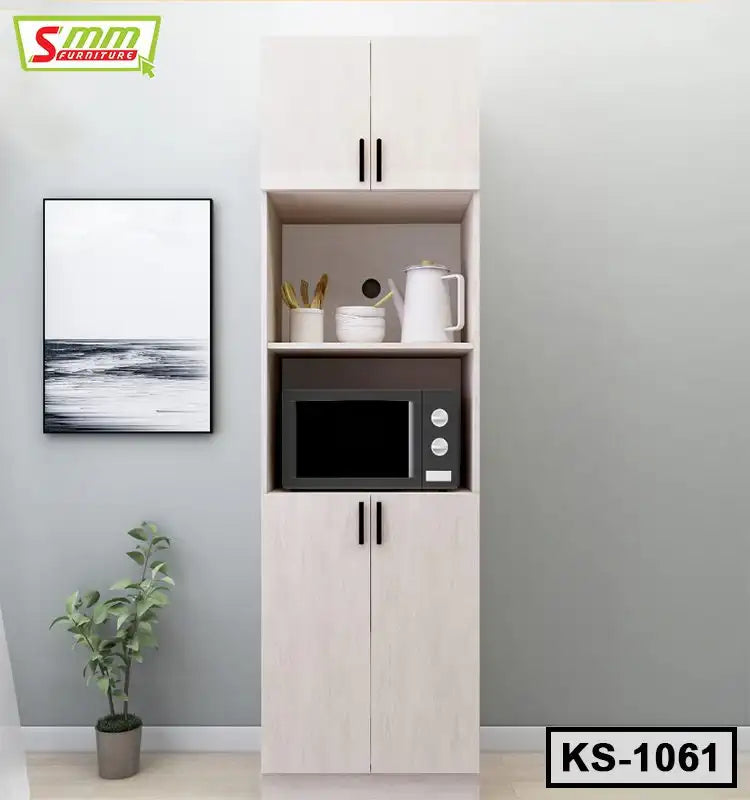 Tall wooden kitchen shelf with microwave, storage cabinets, and minimal decor. Main image