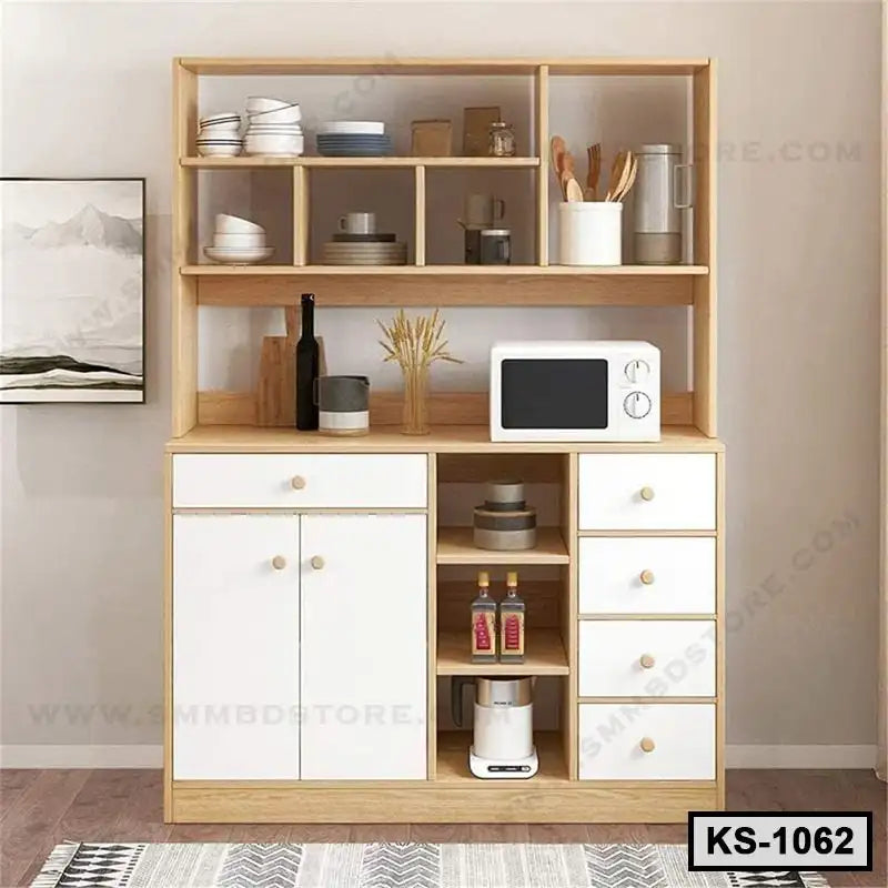 Modern wooden kitchen shelf with white cabinets, microwave, dishes, and utensils on display Main image