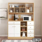 Modern wooden kitchen shelf with white cabinets, microwave, dishes, and utensils on display