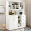 Modern white kitchen shelf with storage, microwave, dishes, and decor in a home setting