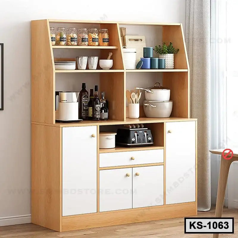 Wooden kitchen shelf with white cabinets, open shelves, jars, cookware, and appliances