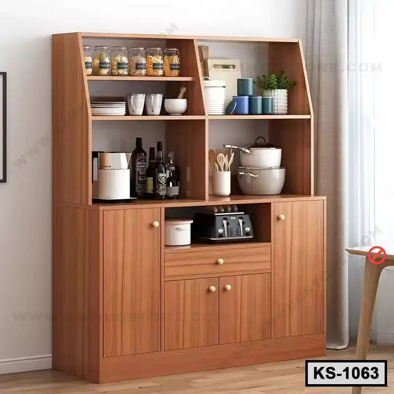 Wooden kitchen shelf with jars, dishes, cookware and small appliances, model KS-1063