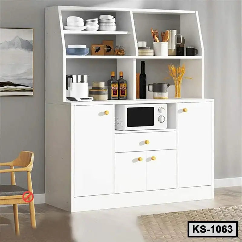Modern white kitchen shelf with storage, microwave, utensils, and tableware, model KS-1063